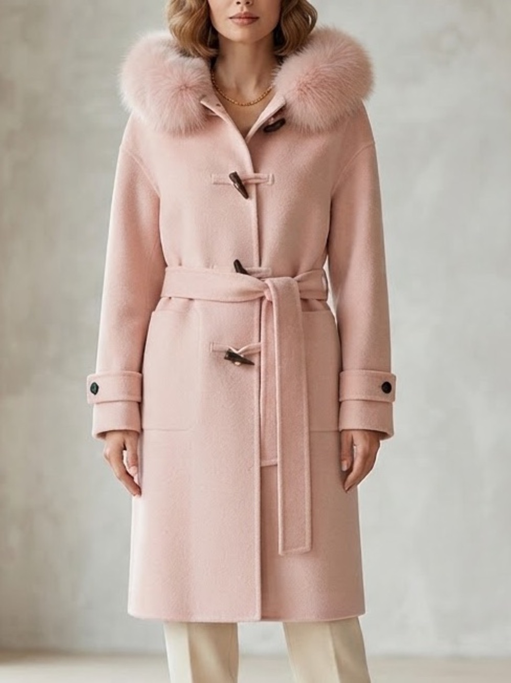 Cashmere  Pink Hooded Women's Coat with Genuine Fox Fur Trim